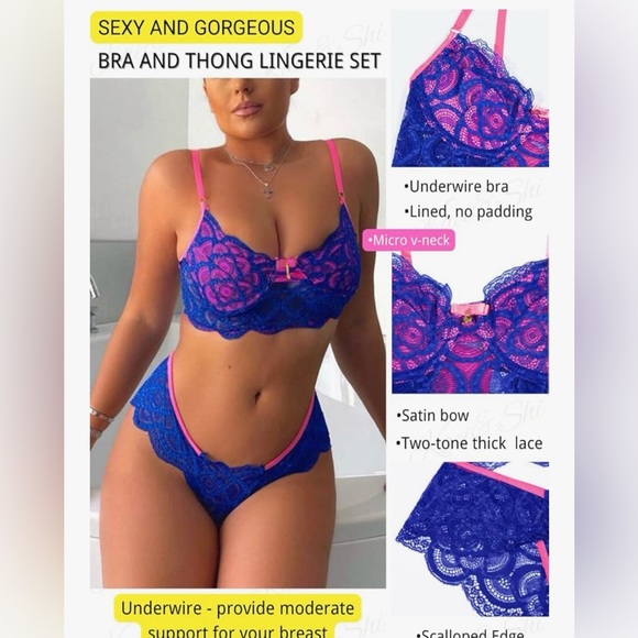 Neon Lace Lingerie Set Blue & Pink Underwire Bra + Thong 2-Piece - Picture 2 of 6